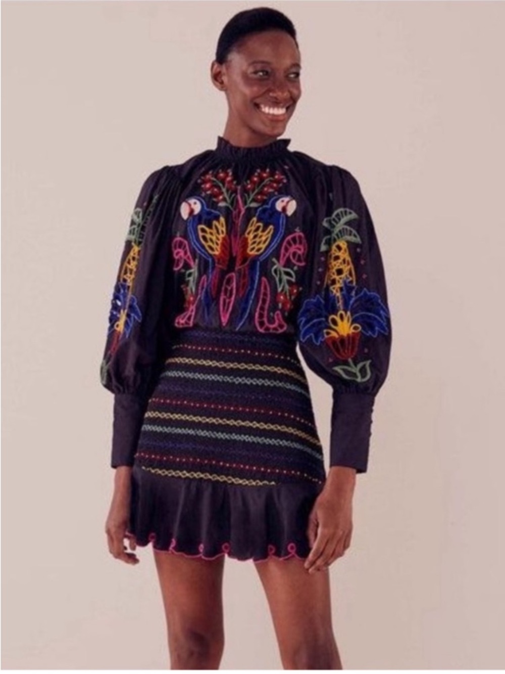 NEW Farm Rio Navy Tropical Tapestry Embroidered Mini Dress Lace Beaded Size M